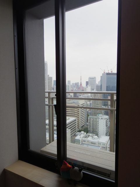 奥の窓辺から東京タワーを眺める猫ちゃん